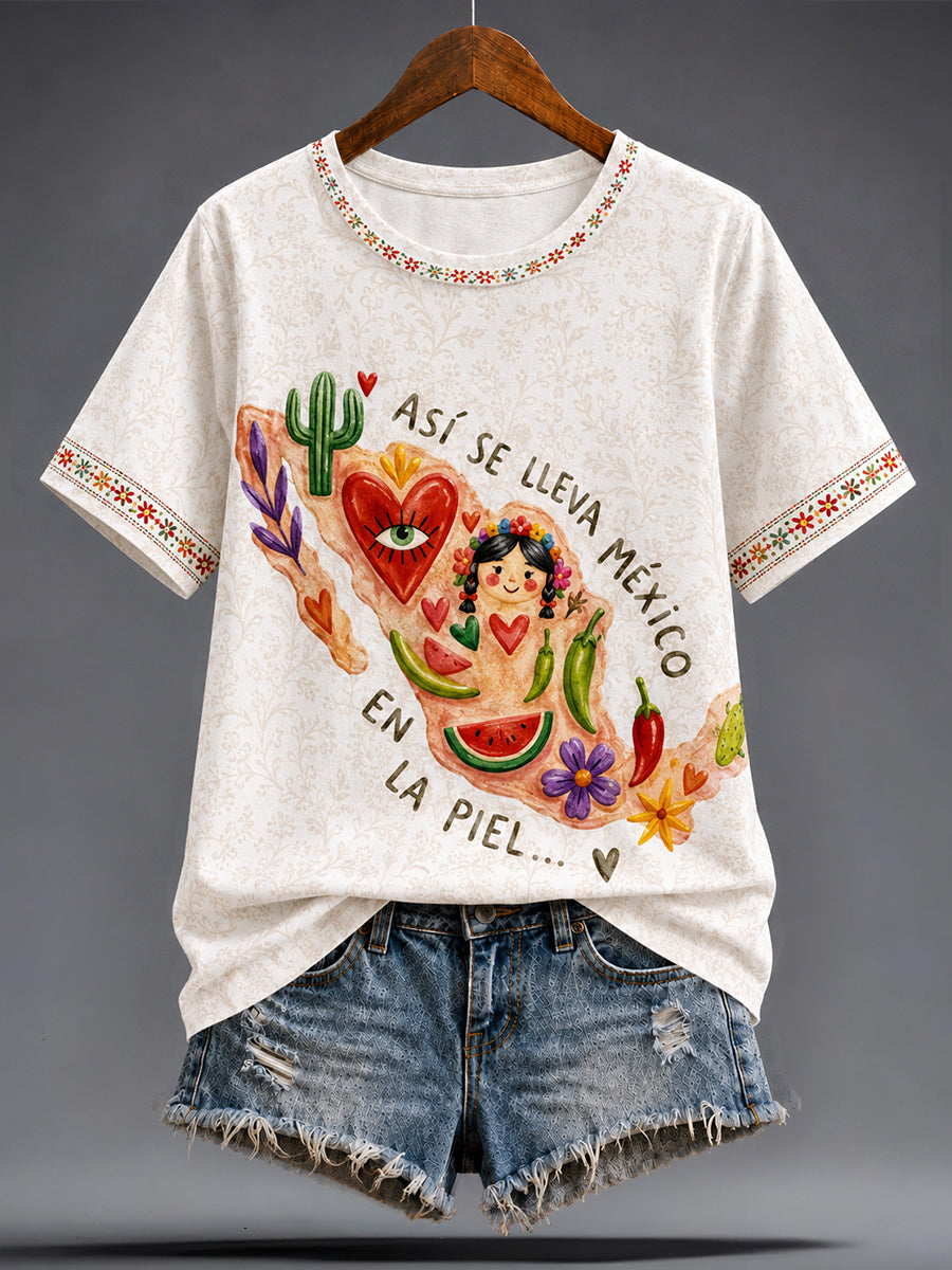 Camiseta estampada con arte de la muñeca Lele mexicana Guelaguetza para mujer