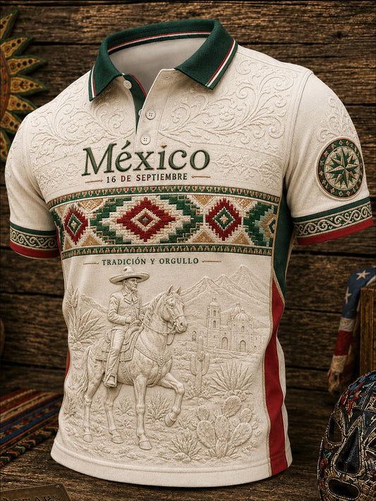 Polo de manga corta con estampado casual del día de la independencia de México para hombre