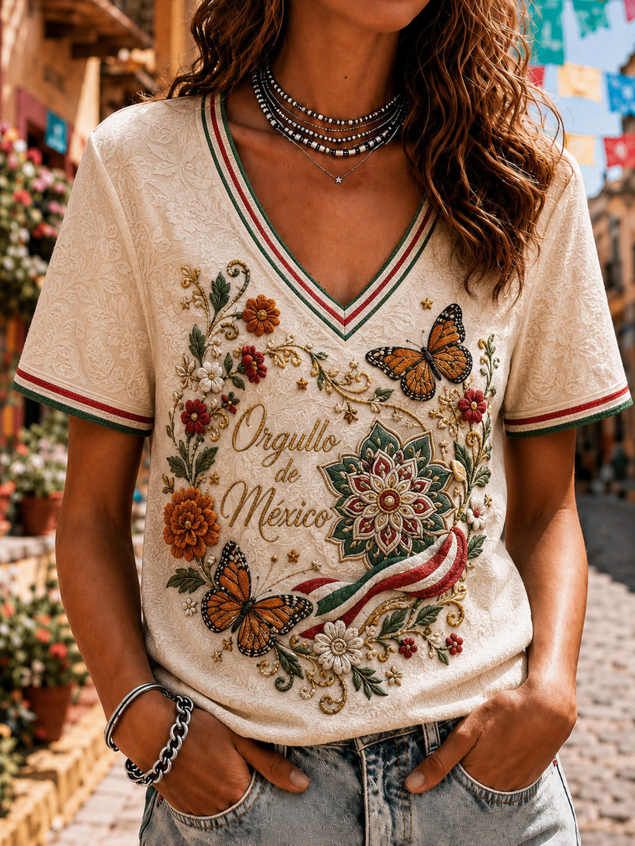 Camiseta casual de manga corta estampada Día de la Independencia de México para mujer
