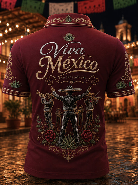 Polo con estampado artístico del espíritu mariachi del Día de la Independencia de México para hombre