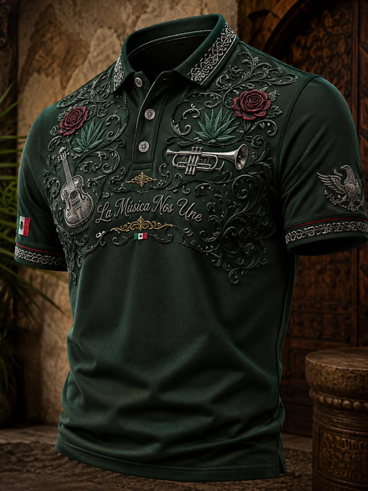 Polo con estampado artístico del espíritu mariachi del Día de la Independencia de México para hombre