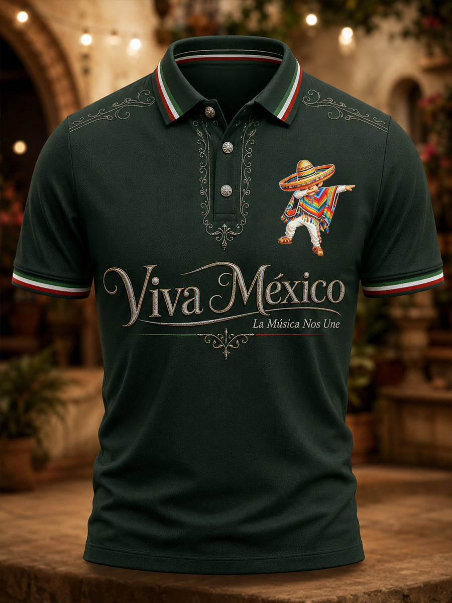 Polo con estampado artístico del espíritu mariachi del Día de la Independencia de México para hombre