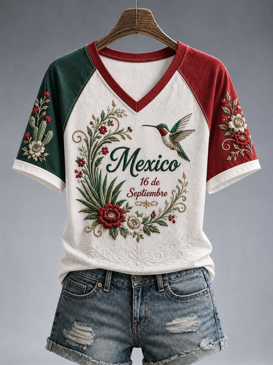Camiseta casual de manga corta con estampado del Día de la Independencia de México para mujer