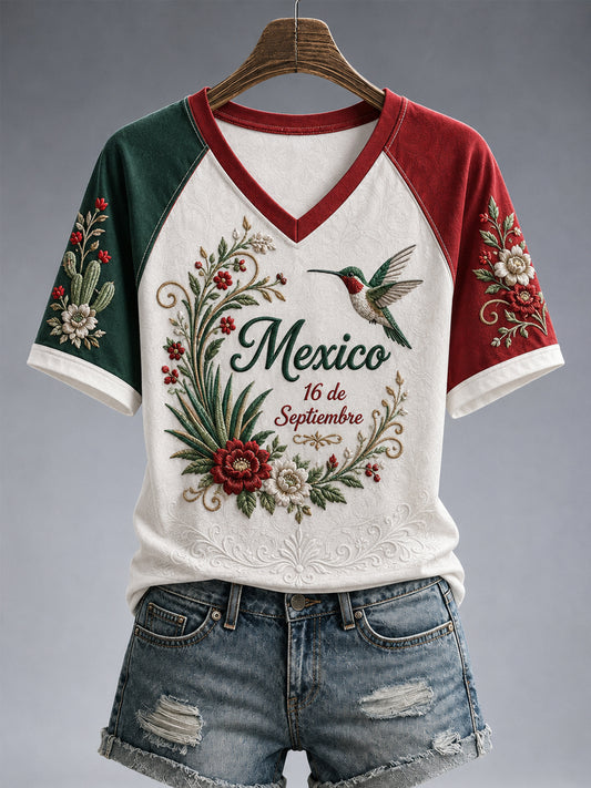 Camiseta casual de manga corta con estampado del Día de la Independencia de México para mujer