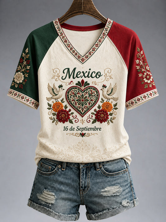Camiseta casual de manga corta con estampado del Día de la Independencia de México para mujer