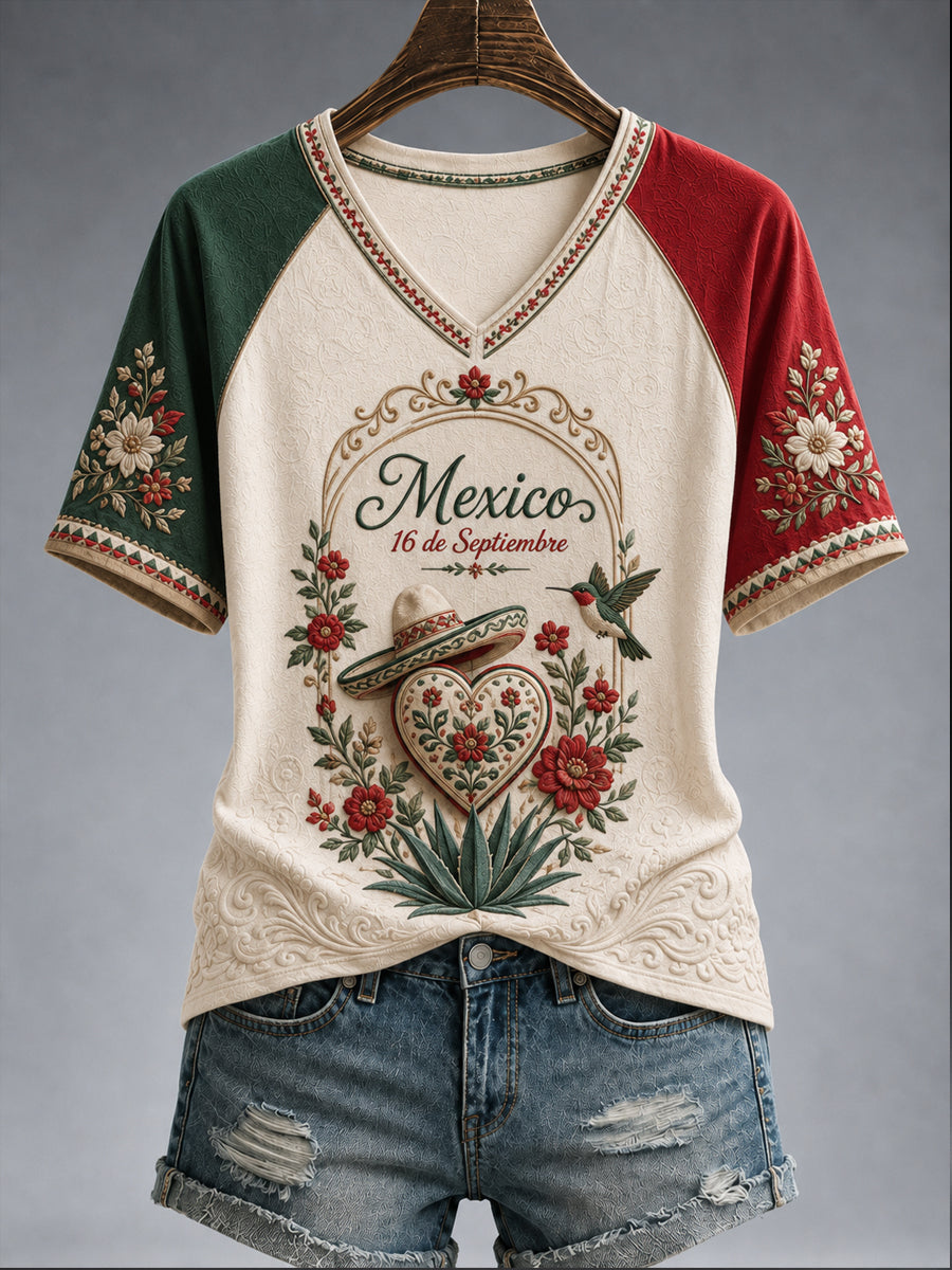 Camiseta casual de manga corta con estampado del Día de la Independencia de México para mujer