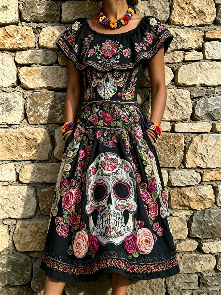 Vestido largo con volantes, estampado floral mexicano y calaveras de azúcar del Día de Muertos para mujer