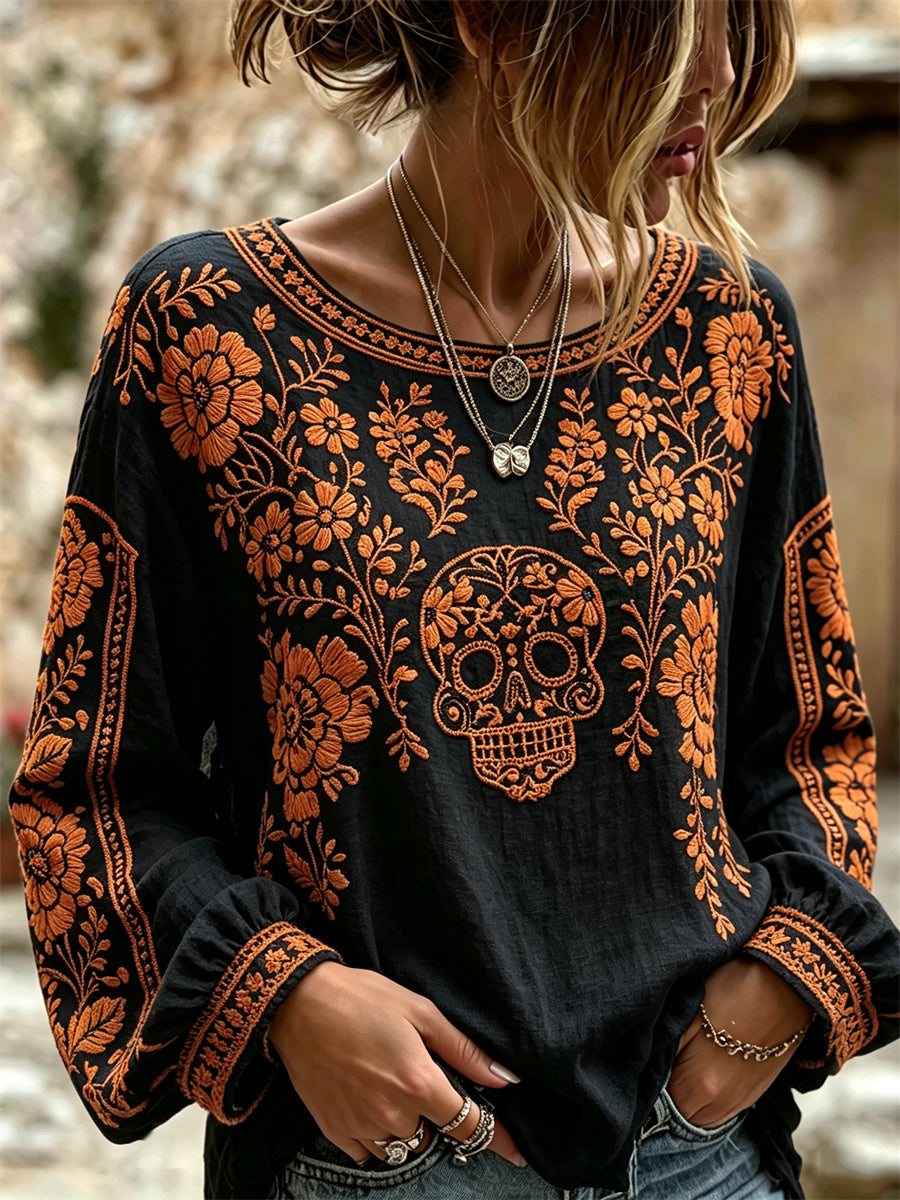 Camisa de algodón-lino con estampado floral de calaveras de azúcar mexicanas y flor de cempasúchil para el Día de Muertos de la mujer