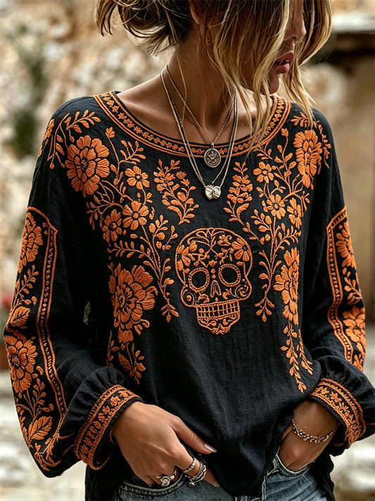 Camisa de algodón-lino con estampado floral de calaveras de azúcar mexicanas y flor de cempasúchil para el Día de Muertos de la mujer
