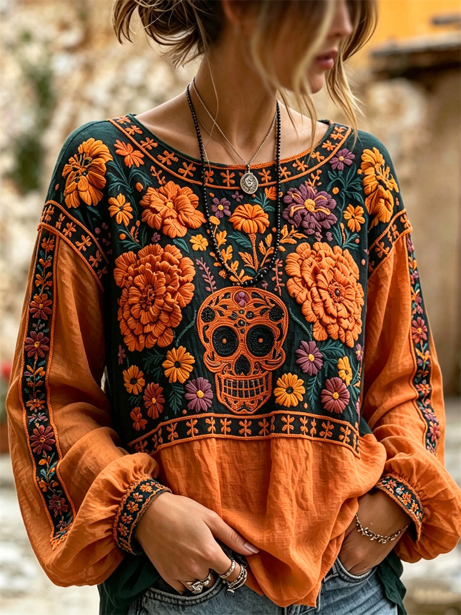 Día de la mujer de los muertos de azúcar calavera mexicana caléndulas estampado floral algodón-camisa de lino