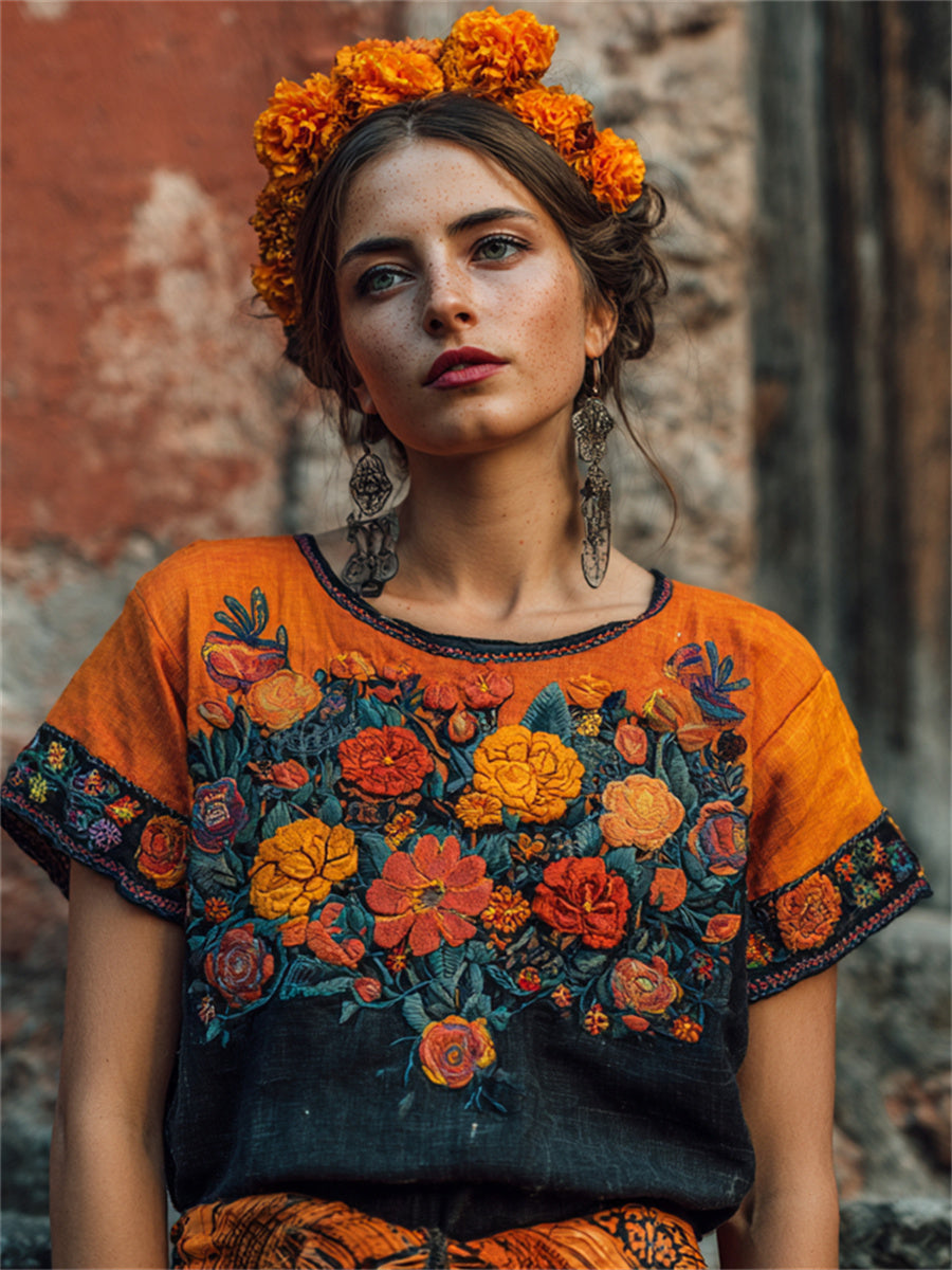 Camiseta de manga corta de lino con estampado floral de caléndulas mexicanas del Día de los Muertos para mujer