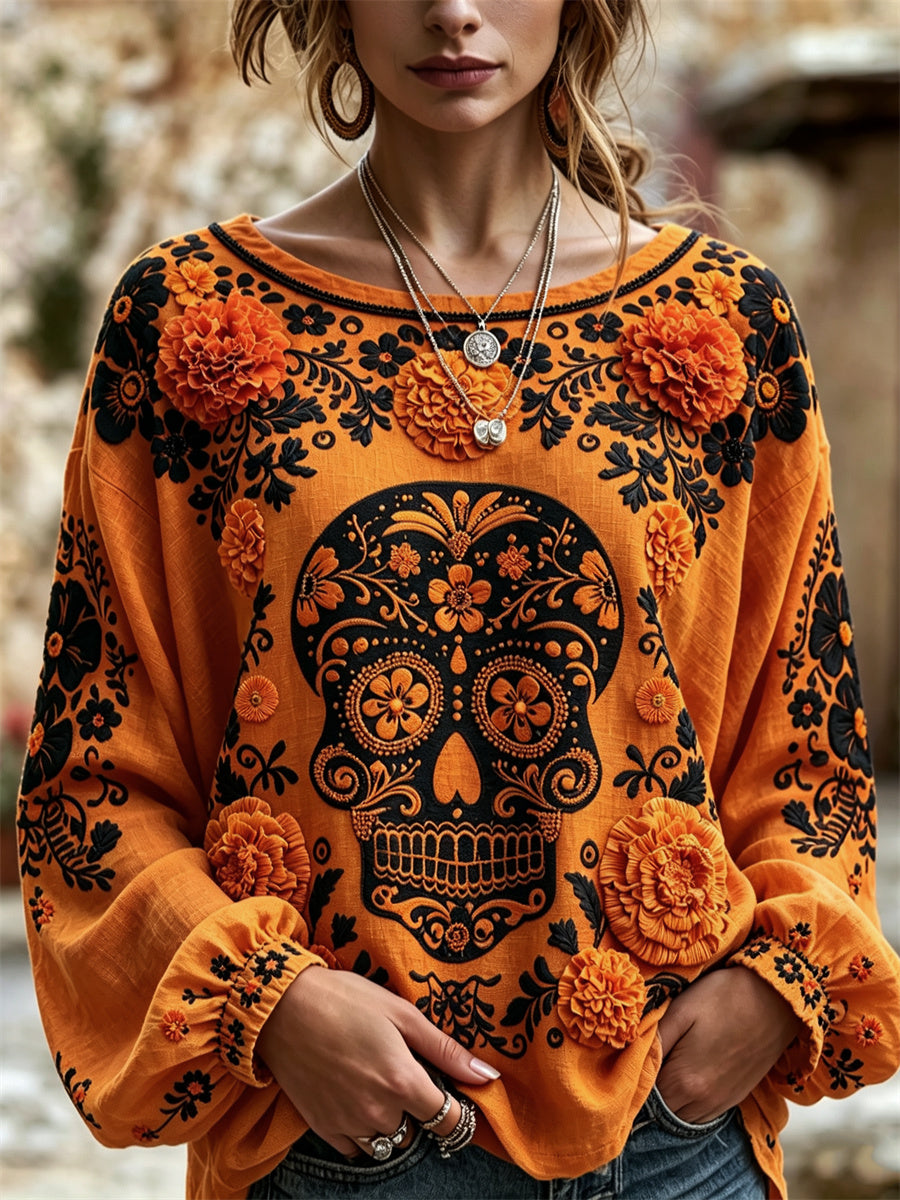 Camisa de algodón-lino con estampado floral de calaveras de azúcar mexicanas y flor de cempasúchil para el Día de Muertos de la mujer