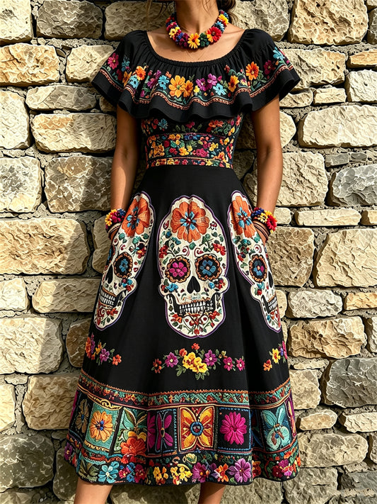 Vestido largo con volantes, estampado floral mexicano y calaveras de azúcar del Día de Muertos para mujer