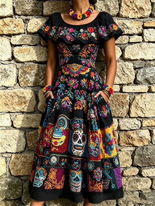 Día de las mujeres de los cráneos muertos azúcar mexicano estampado floral volantes vestido maxi