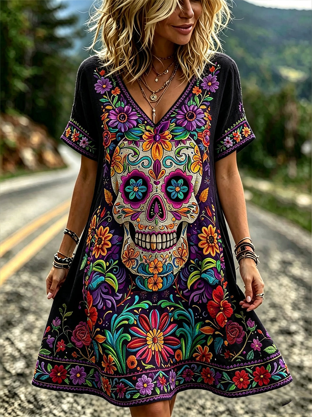 Día retro de las mujeres de la planta muerta y patrón de flores impreso vestido casual con cuello en V