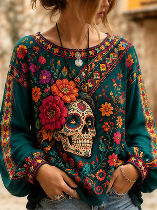 Top con estampado de arte conmemorativo del Día de los Muertos de México para mujer