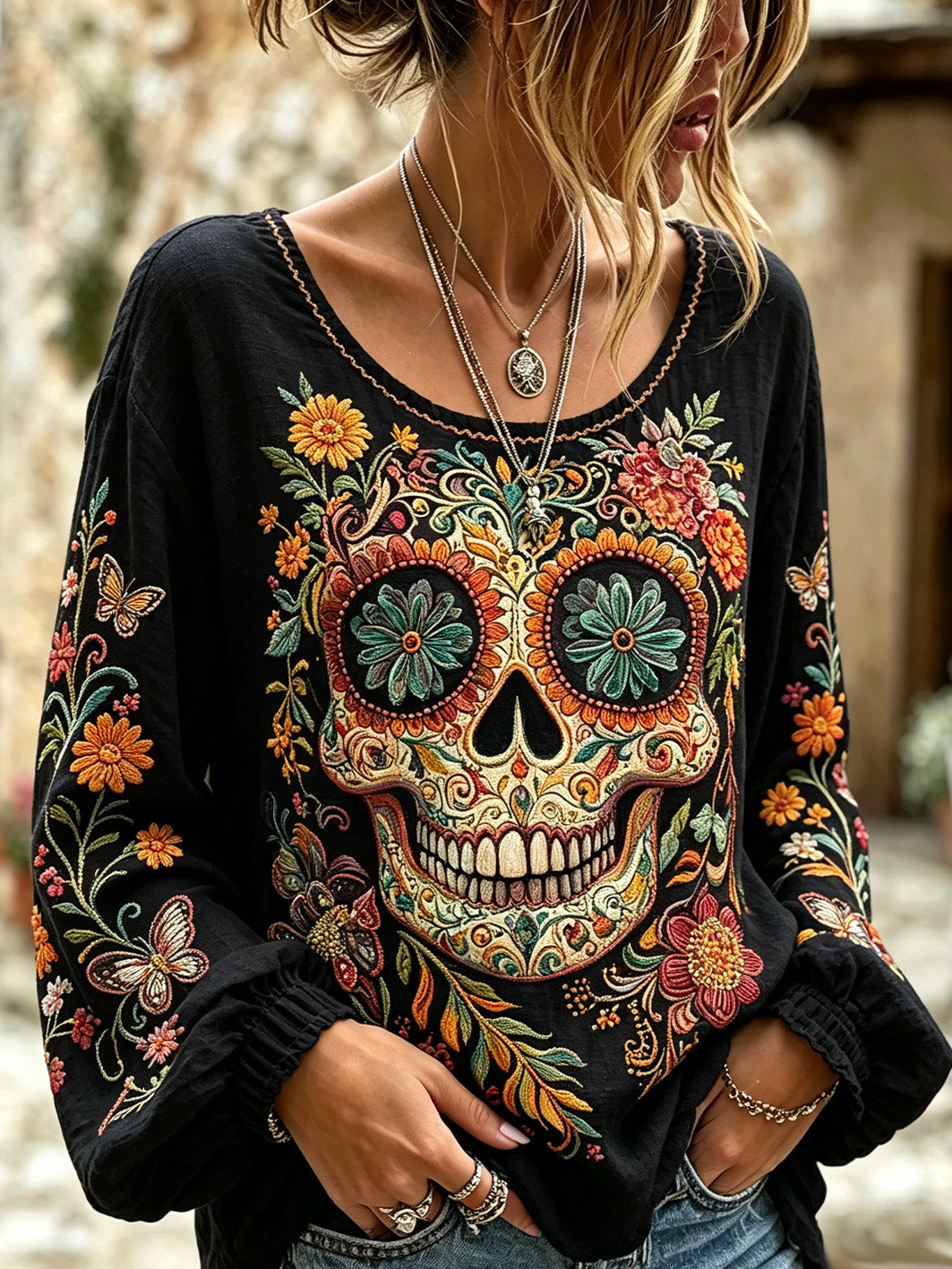 Día retro de las mujeres de la planta muerta y patrón de flores impreso camisa de lino de algodón casual