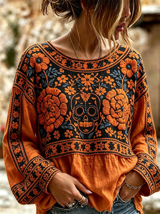 Camisa de algodón-lino con estampado floral de calaveras de azúcar mexicanas y flor de cempasúchil para el Día de Muertos de la mujer