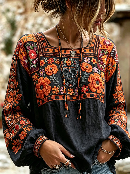Camisa de algodón-lino con estampado floral de calaveras de azúcar mexicanas y flor de cempasúchil para el Día de Muertos de la mujer