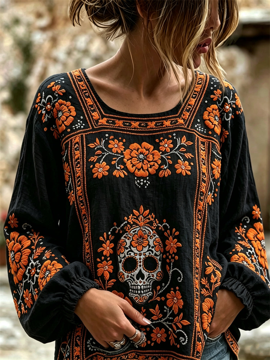 Camisa de algodón-lino con estampado floral de calaveras de azúcar mexicanas y flor de cempasúchil para el Día de Muertos de la mujer