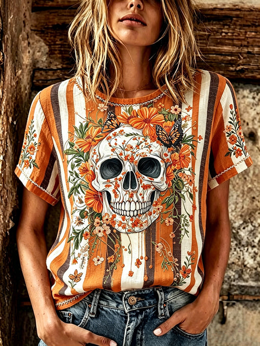 Camiseta casual de algodón y lino, de manga corta, con estampado retro femenino de plantas y flores del Día de los Muertos