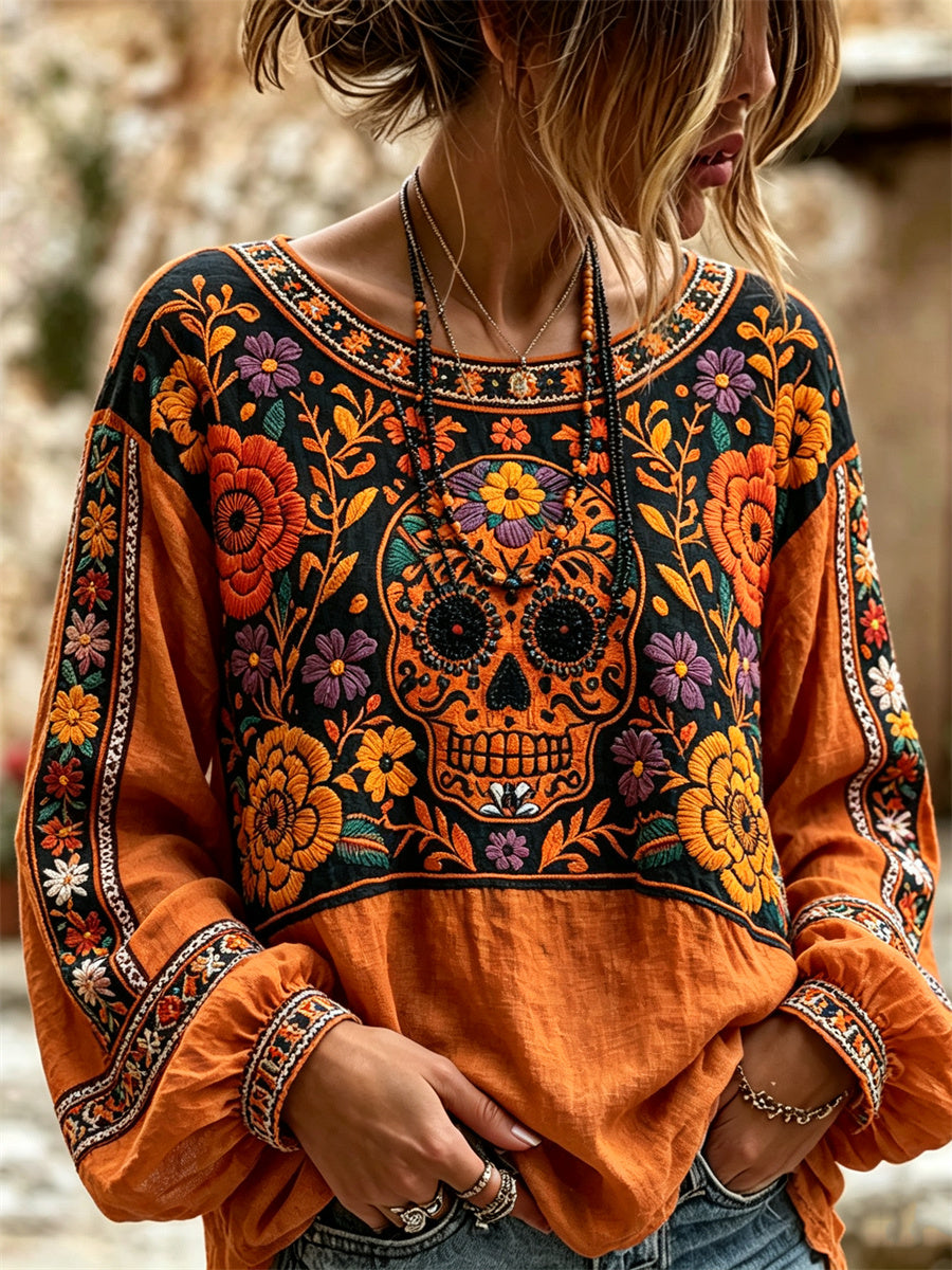 Camisa de algodón-lino con estampado floral de calaveras de azúcar mexicanas y flor de cempasúchil para el Día de Muertos de la mujer