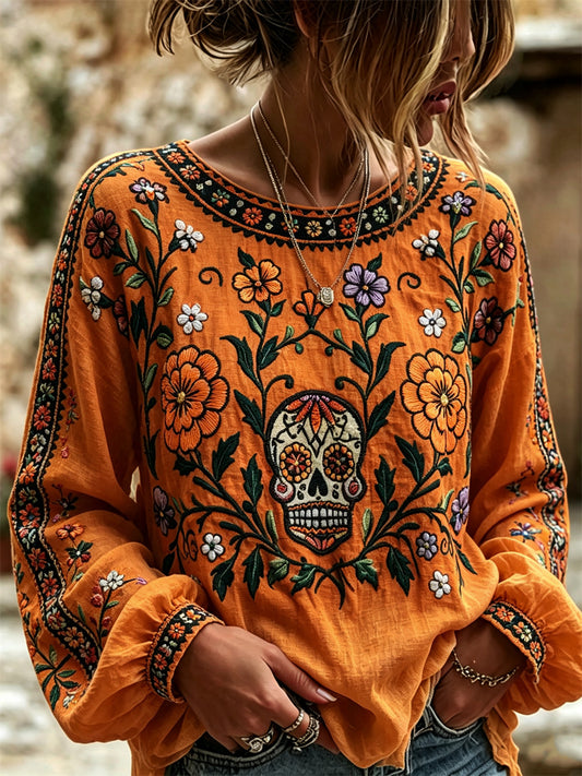 Camisa de algodón-lino con estampado floral de calaveras de azúcar mexicanas y flor de cempasúchil para el Día de Muertos de la mujer