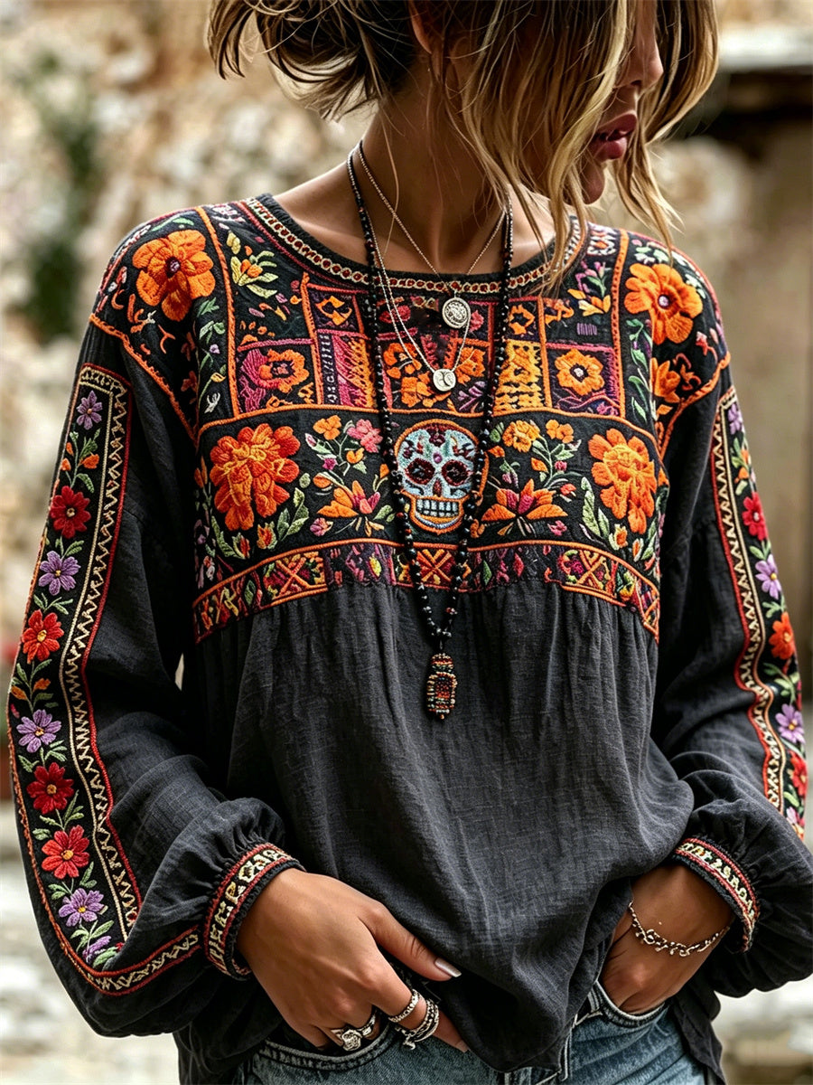 Camisa de algodón-lino con estampado floral de calaveras de azúcar mexicanas y flor de cempasúchil para el Día de Muertos de la mujer