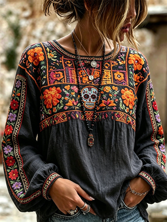 Camisa de algodón-lino con estampado floral de calaveras de azúcar mexicanas y flor de cempasúchil para el Día de Muertos de la mujer