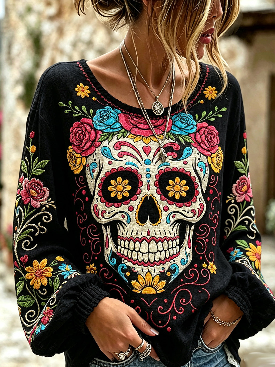 Camisa casual de algodón-lino para mujer, estampada con diseño retro del Día de los Muertos, inspirado en plantas y flores