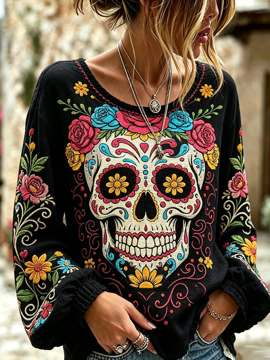 Camisa casual de algodón-lino para mujer, estampada con diseño retro del Día de los Muertos, inspirado en plantas y flores