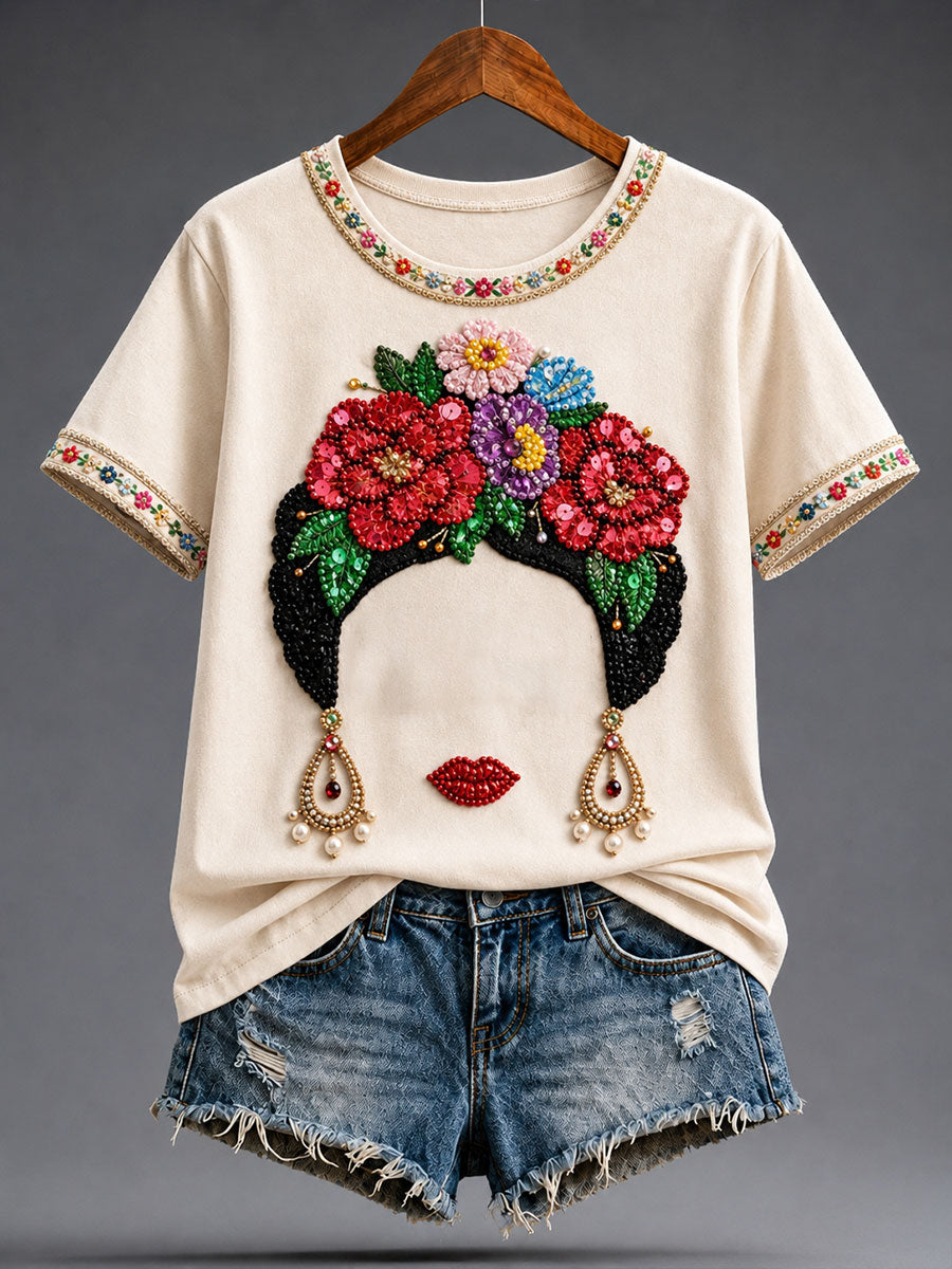 Camiseta estampada con arte floral mexicano para mujer