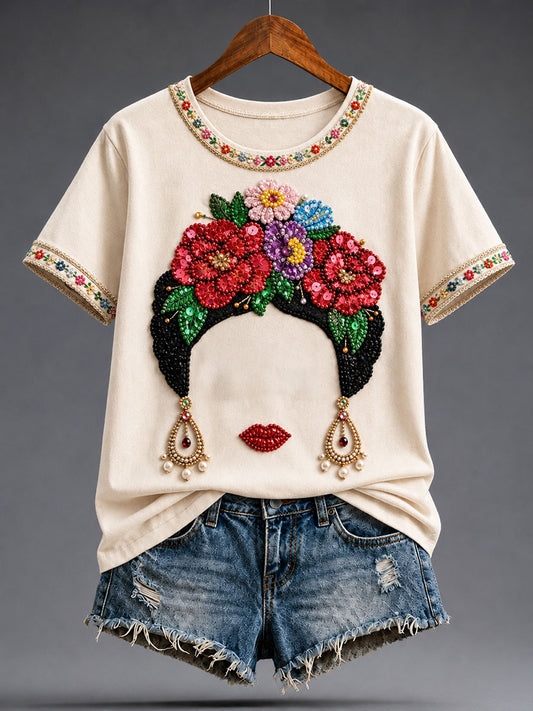 Camiseta estampada con arte floral mexicano para mujer