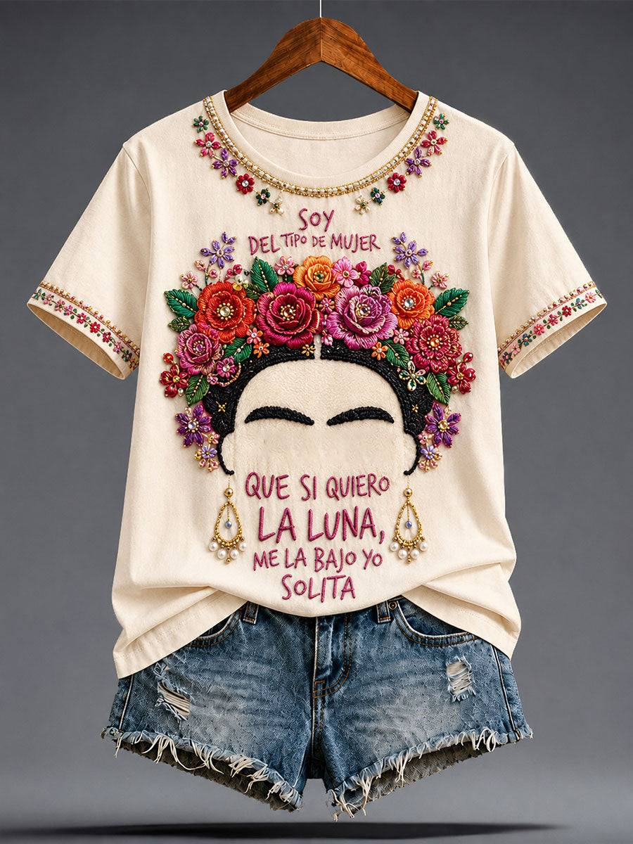 Camiseta estampada con arte floral mexicano para mujer