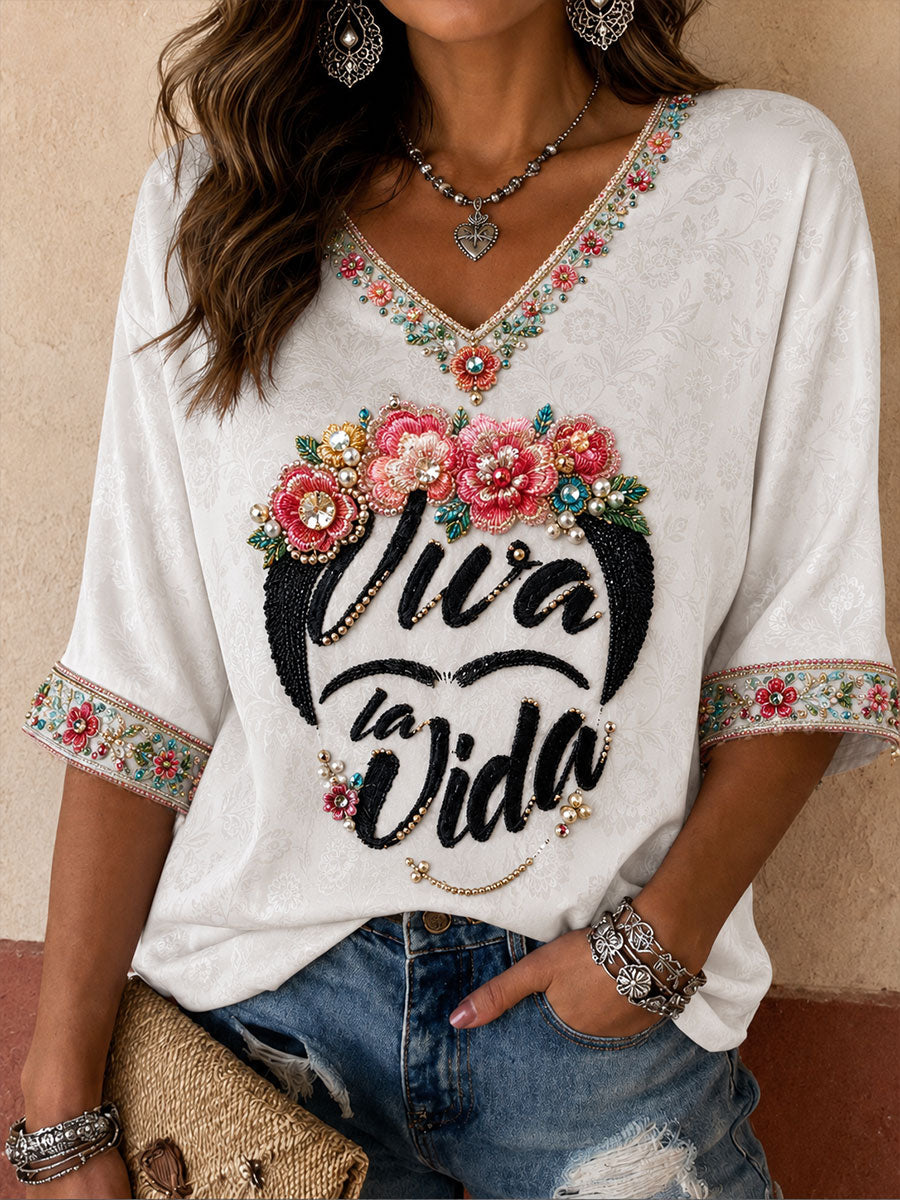 Camiseta estampada con arte floral mexicano para mujer