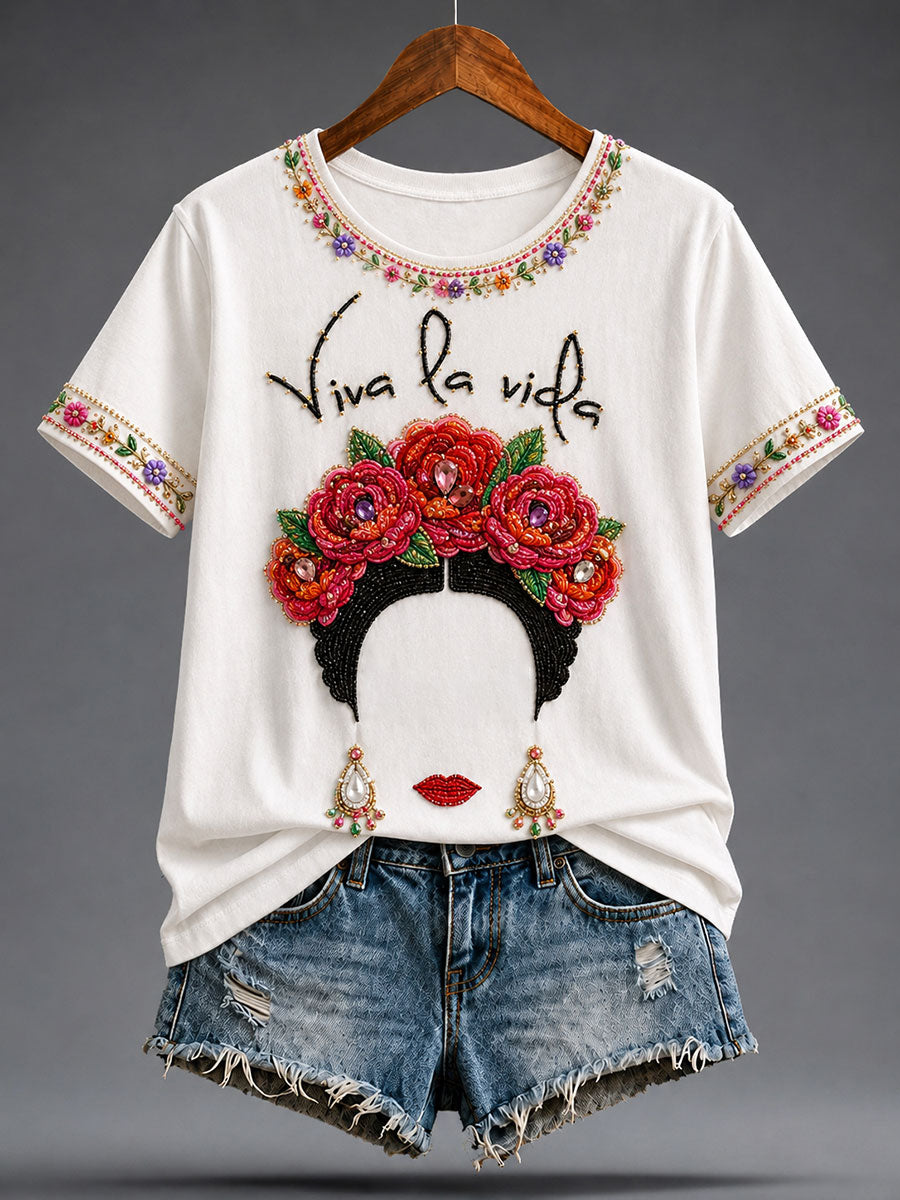 Camiseta estampada con arte floral mexicano para mujer