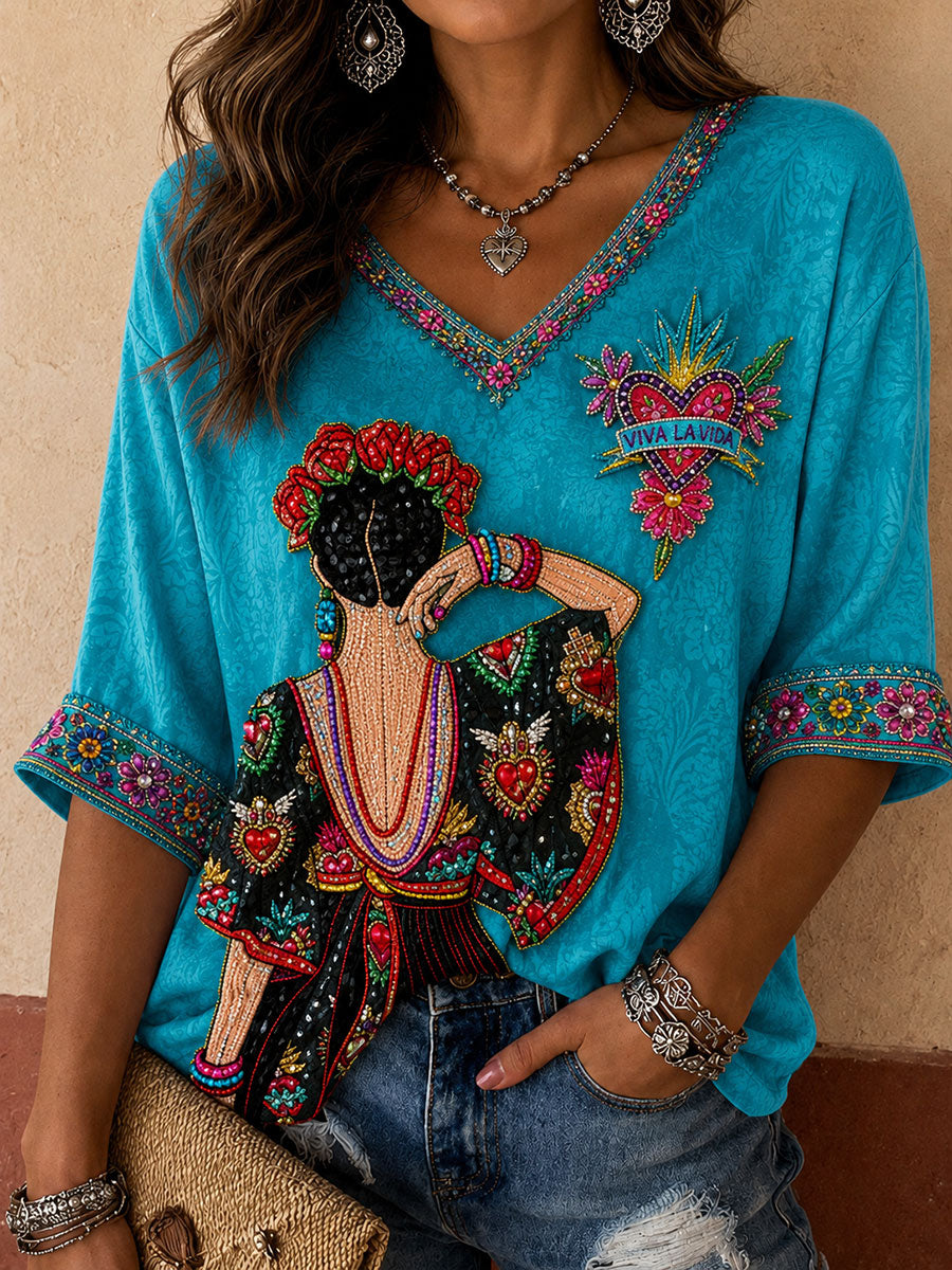 Camiseta estampada con arte floral mexicano para mujer