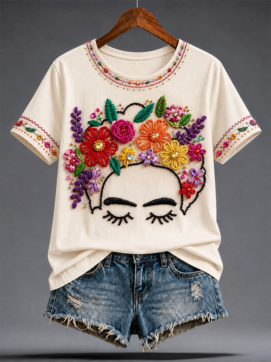 Camiseta estampada con arte floral mexicano para mujer