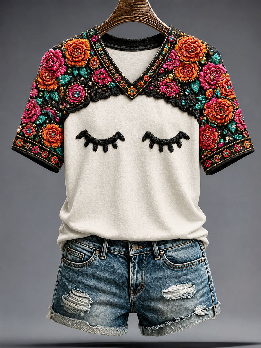 Camiseta estampada con arte floral mexicano para mujer