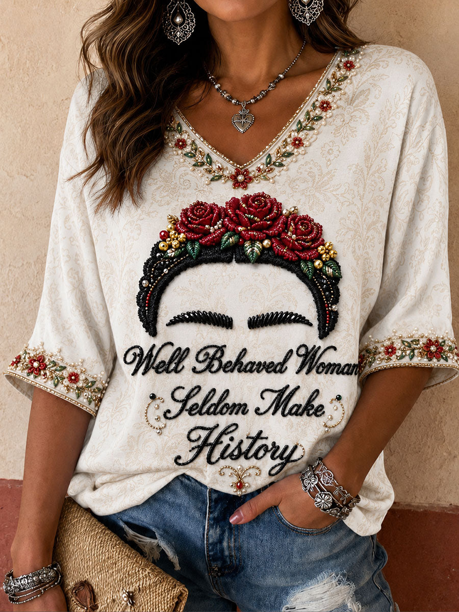 Camiseta estampada con arte floral mexicano para mujer