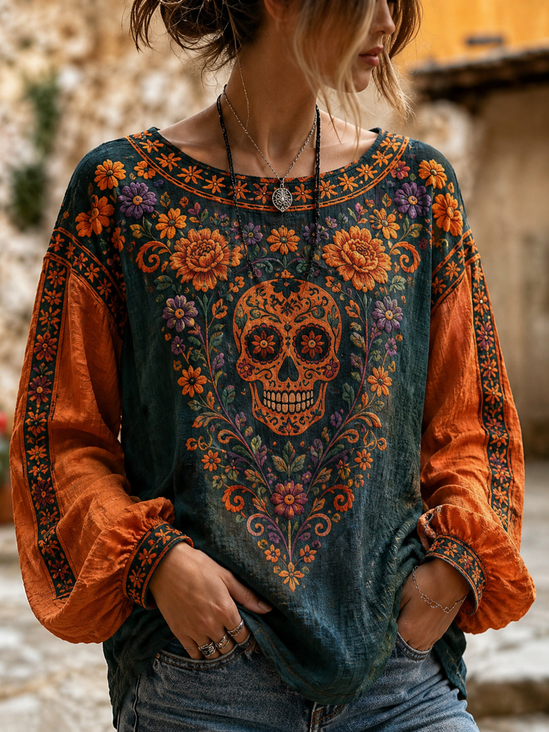 Top de manga larga con estampado de arte del festival mexicano del día de los muertos para mujer