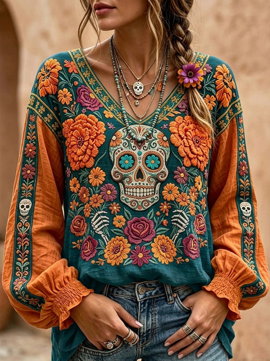 Camisa de algodón-lino con estampado de calaveras de azúcar y flores de cempasúchil para el Día de Muertos de las Mujeres