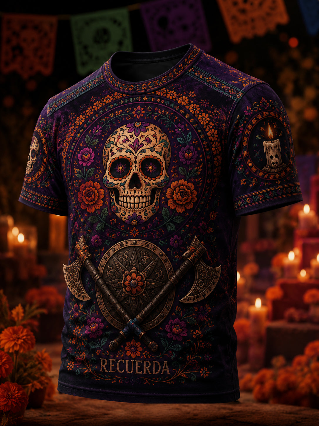Camiseta estampada con arte del Día de los Muertos mexicano para hombre