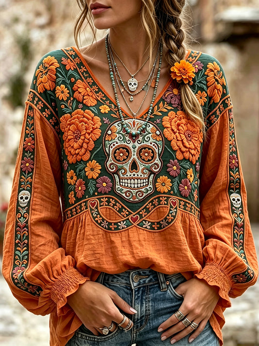 Camisa de lino de algodón con estampado de Calavera de azúcar de día de los muertos para mujer