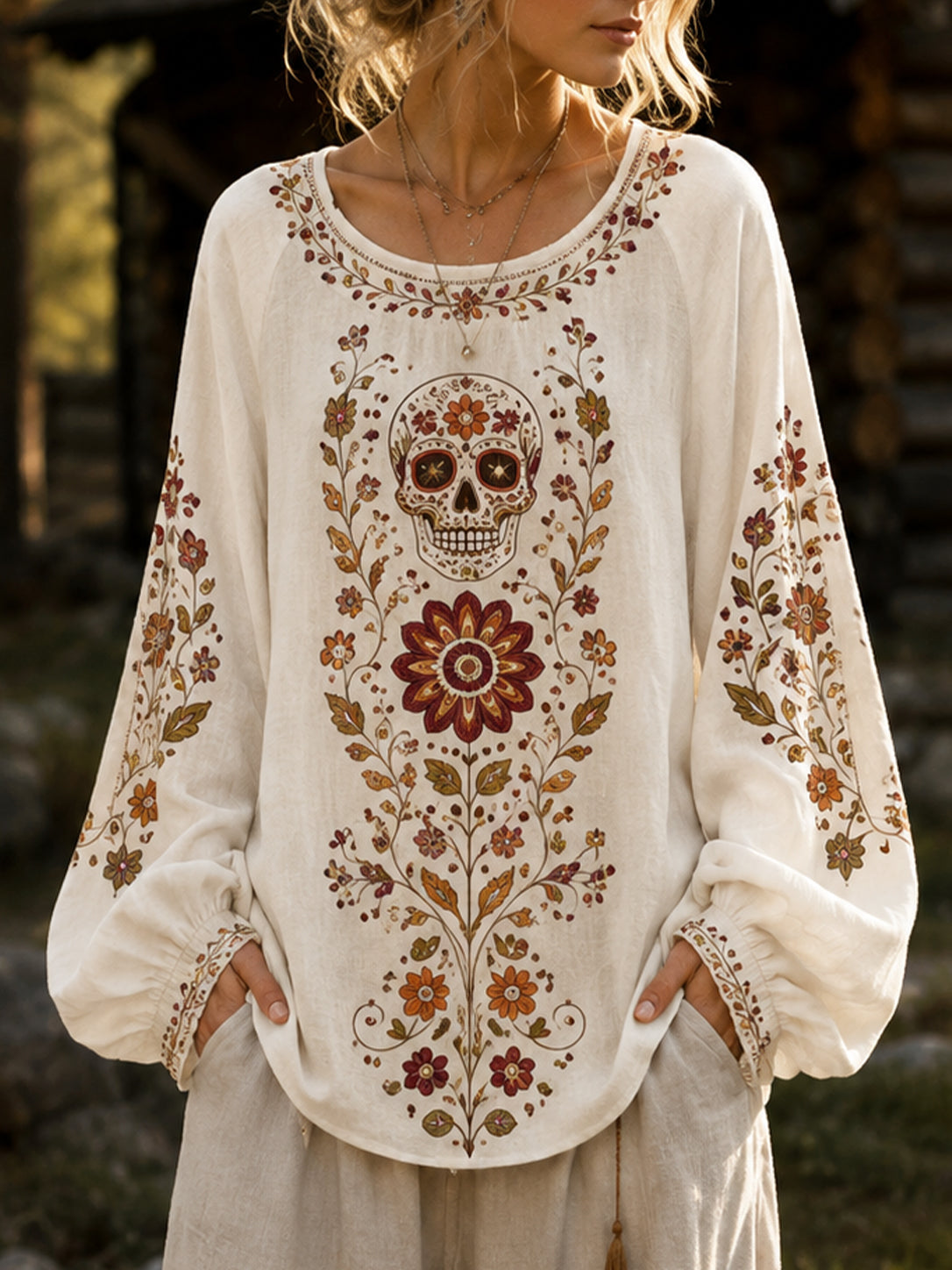 Camiseta de manga larga con estampado artístico temático del Día de los Muertos mexicano para mujer