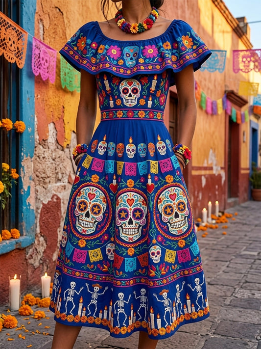 Día de las mujeres de los muertos mexicano floral azúcar cráneos imprimir ruffle vestido maxi