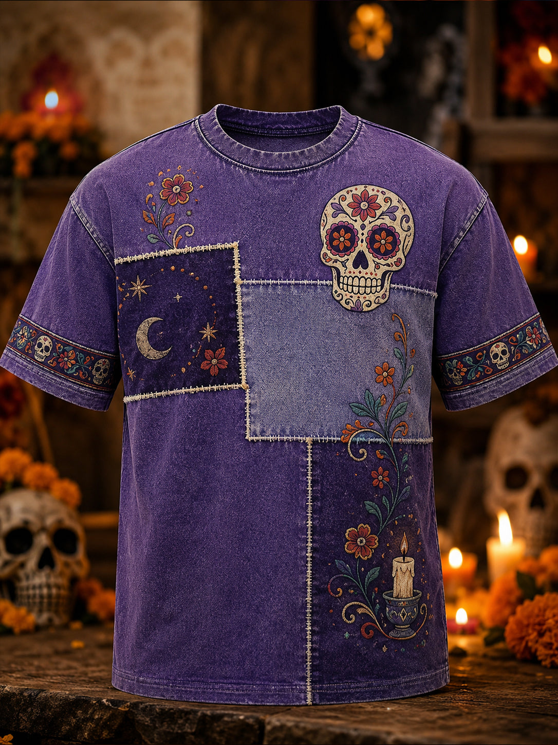 Camiseta estampada con arte del Día de los Muertos mexicano para hombre