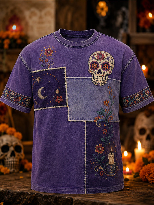 Camiseta estampada con arte del Día de los Muertos mexicano para hombre