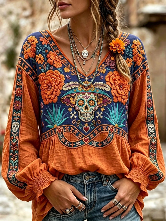 Camisa de algodón-lino con estampado de calaveras de azúcar y flores de cempasúchil para el Día de Muertos de las Mujeres
