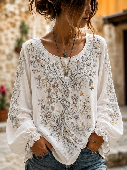 Camiseta de manga larga con estampado artístico temático del Día de los Muertos mexicano para mujer